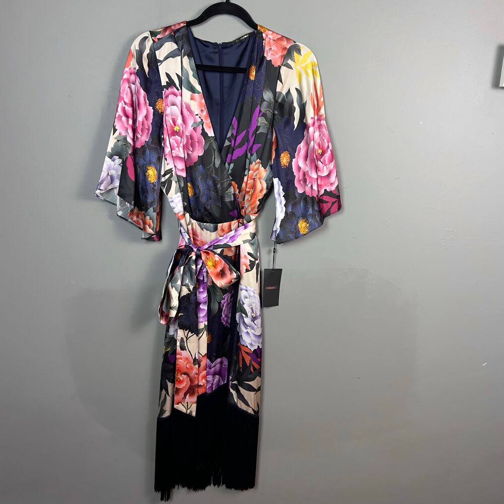 Kobi Halperin Wrap Dress XL Floral Silk-Blend Faux Kimono NWT Asian Fringe Boho - Picture 10 of 16